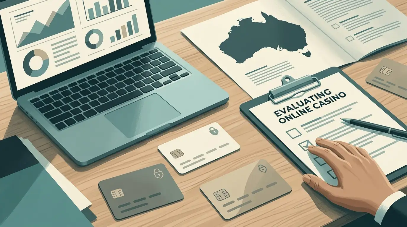 Illustration of an Australian reader assessing online casino information and regulatory risk