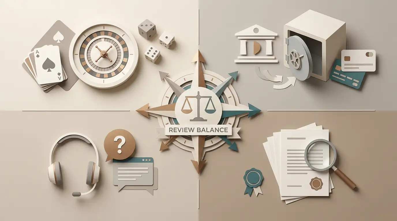 Conceptual illustration comparing casino games, payments, support and regulatory checks